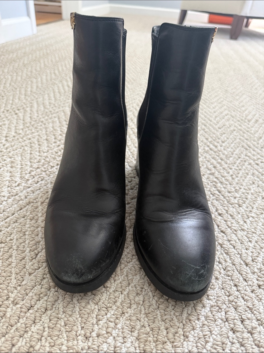 Tory Burch Black Leather Ankle Booties with Gold Logo Accent - Picture 2 of 3